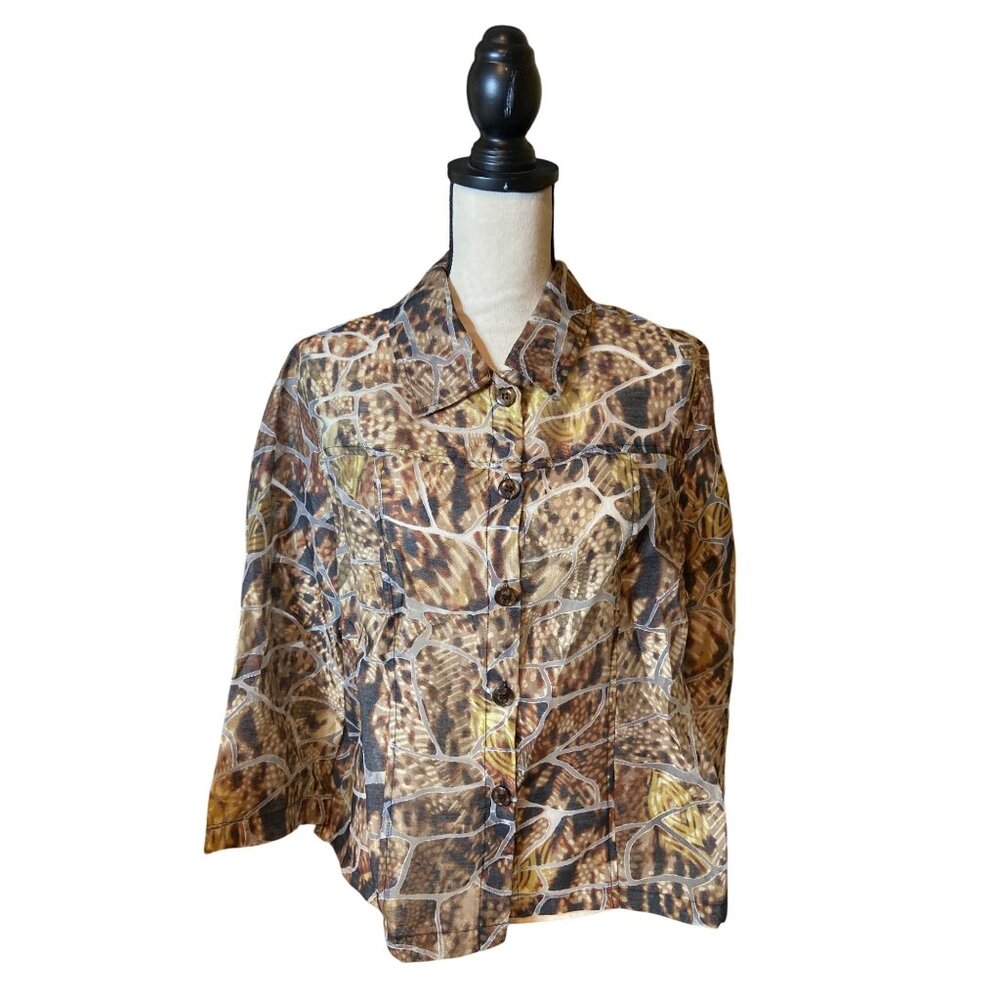 Toni Morgan Womens Large Top Lightweight Button-Up Sheer Abstract Animal Print